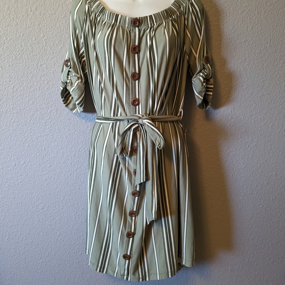New J for Justify Sage Green Striped Dress Short Sleeves On Off Shoulder 1X - Picture 5 of 9